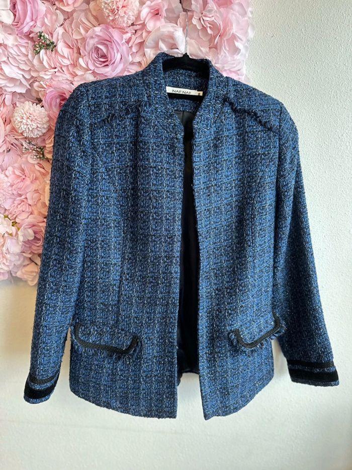 Veste chic Nafnaf en tweed bleu, taille 36 - photo numéro 1