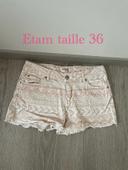 Short en jean taille haute bland à motifs rose clair bas frange Etam taille 36