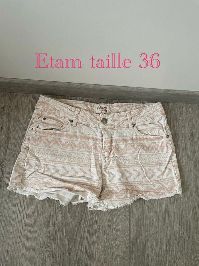 Short en jean taille haute bland à motifs rose clair bas frange Etam taille 36 - photo numéro 1