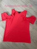 T-Shirt blouse rouge corail épaule ouverte à volant atmosphère taille 36